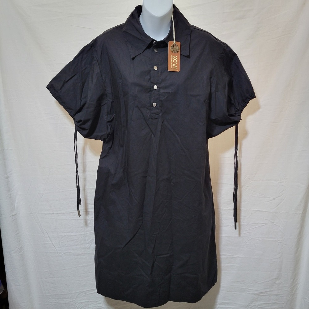 XCVI Utility Shirt Dress Women's Size M Black Pockets Drawstring Puff Sleeves